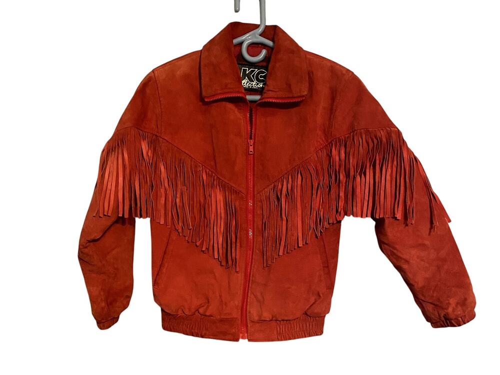 KC Collection Womens Small Red Genuine Leather Fringe Coat Western Boho Rodeo